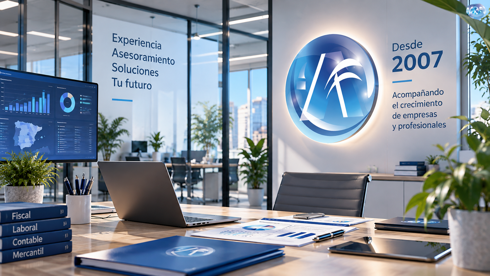 Oficina de asesoramiento empresarial con herramientas digitales e identidad corporativa de Audit&fer