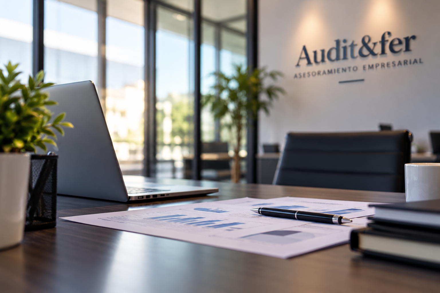 Oficina moderna de asesoramiento empresarial con ordenador, documentación financiera y espacio de trabajo profesional