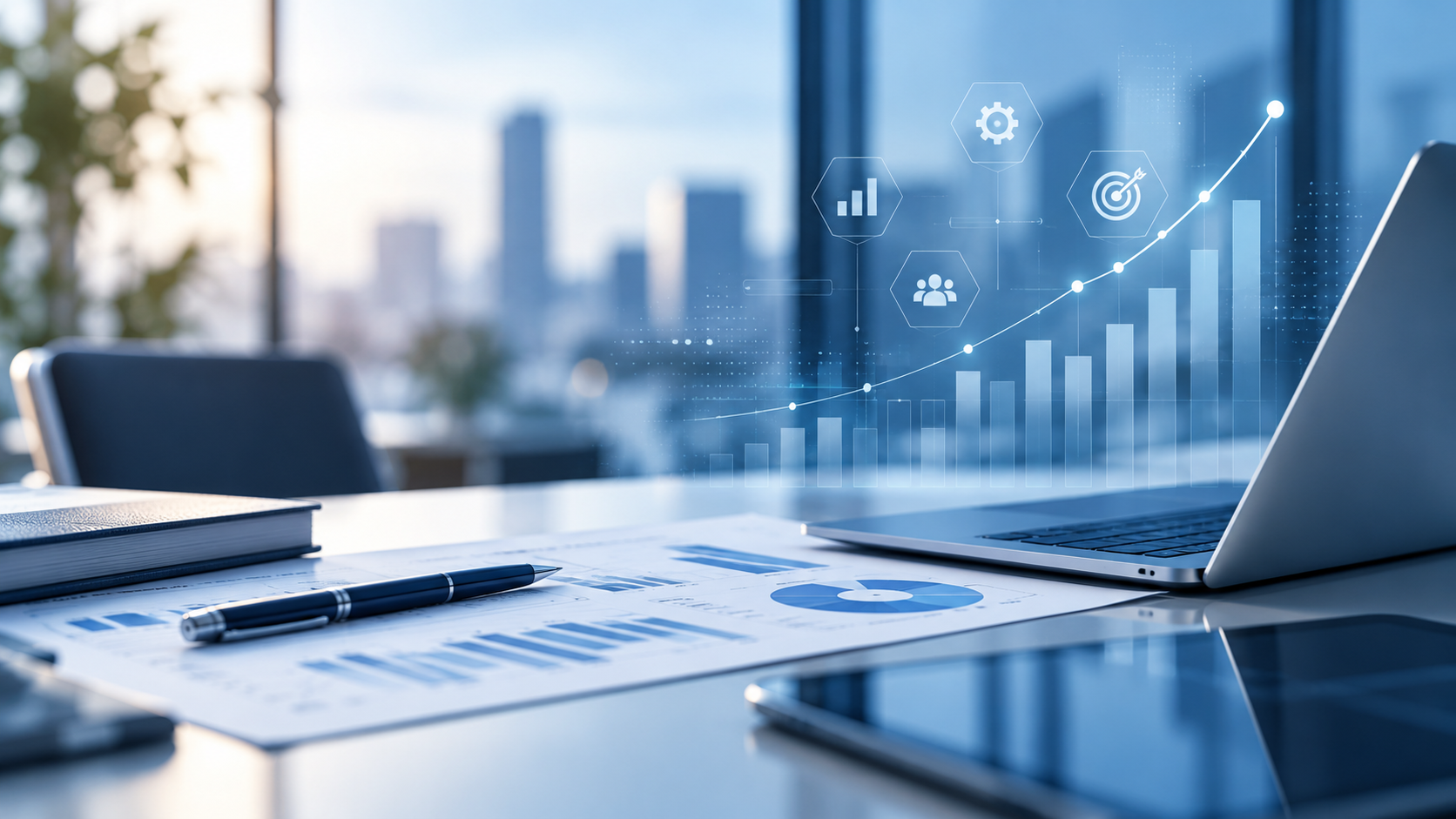 Espacio de trabajo con documentación financiera y gráficos digitales de gestión empresarial